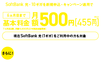 SoftBank光・10ギガを新規申込・キャンペーン適用で6か月目まで基本料月額500円